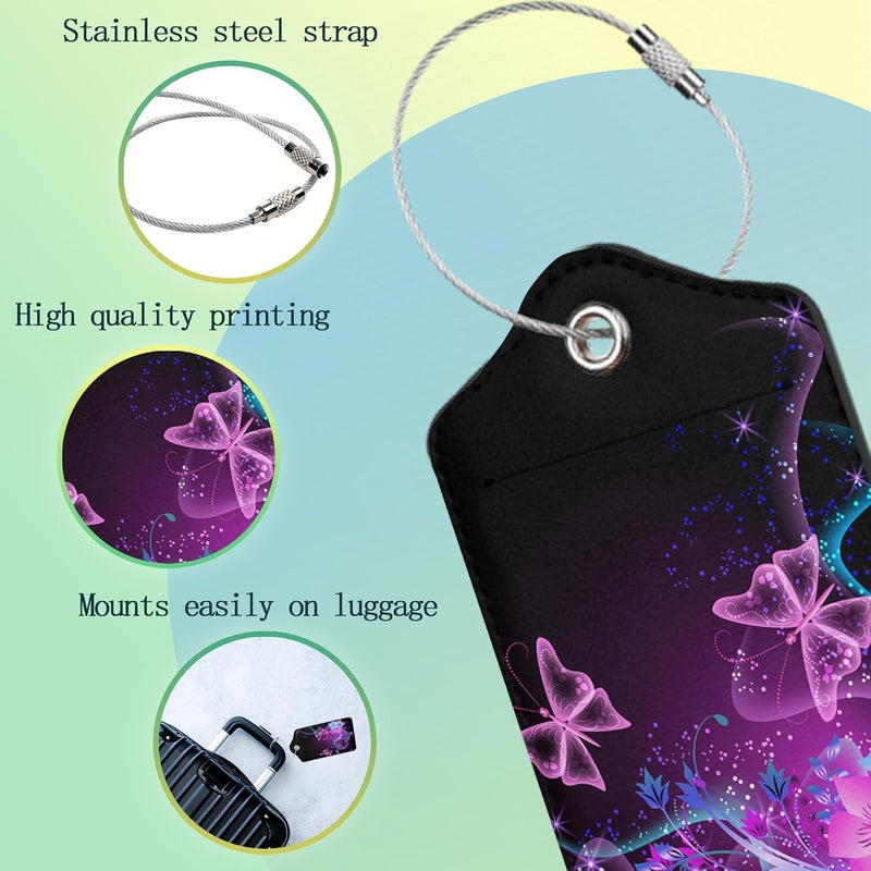 SKYDAWNY Luggage Tags for Suitcase,2 Pack Butterfly Luggage Tag Flowers Glowing Leather Privacy Cover ID Label with Stainless Steel Loop for Women Men Kids Girls Travel - Image 4
